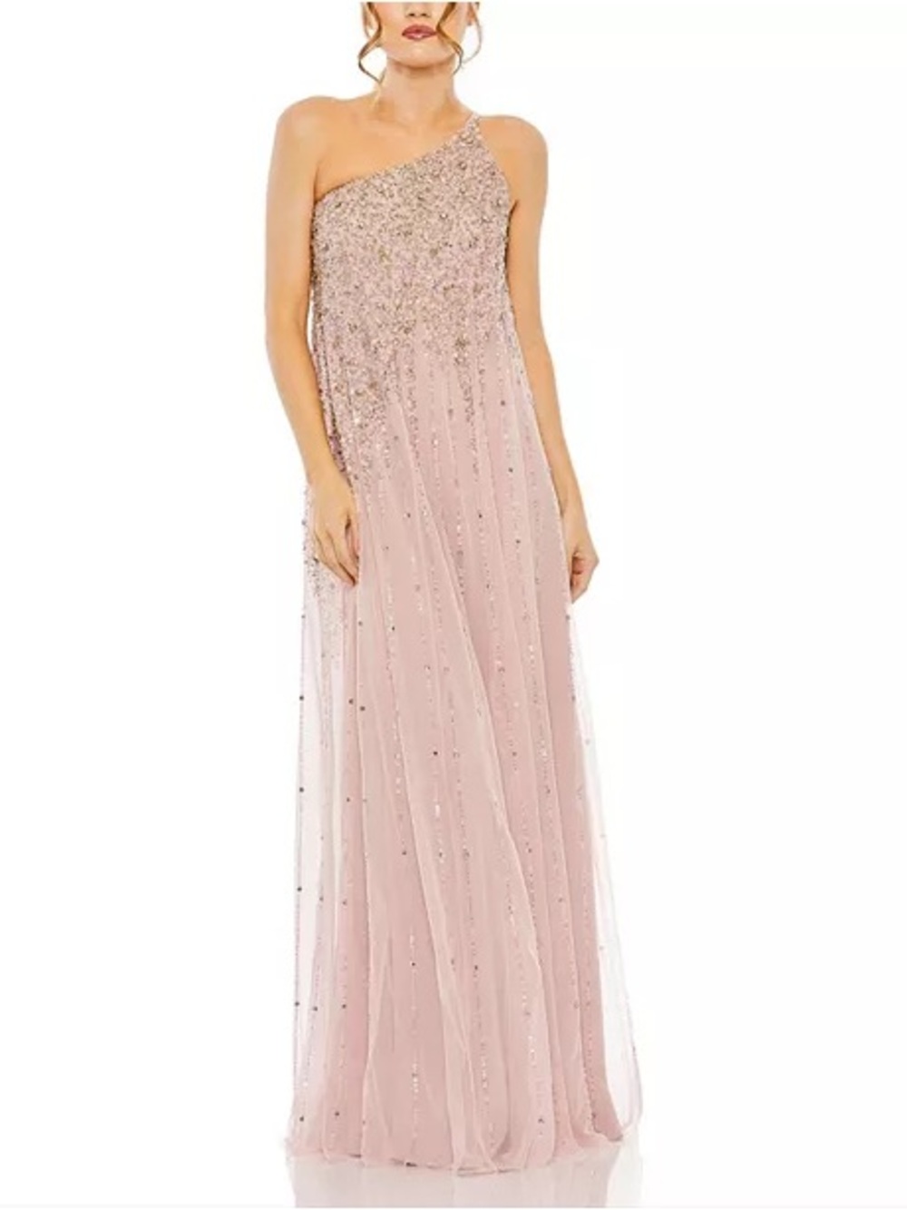 Mac Duggal One-Shoulder Blush Pink Embellished Evening Gown